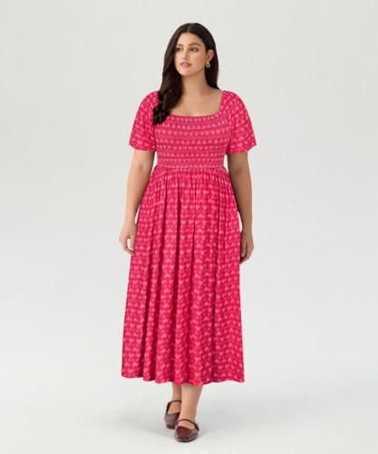 Image of RITERA Plus Size Dresses for Curvy Women Square Neck Short Sleeve Summer Floral Smocked Maxi Dress with Pocket XL-5XL