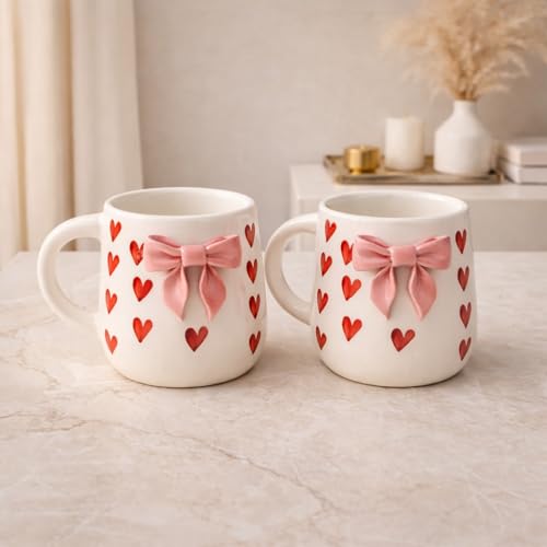 Image of The Deluxe Creations Ceramic Coffee Mug Set of 2 | Handcrafted Bow & Heart Design | Elegant Gift-Style Tea & Coffee Cups | Ideal for Gifting, Couples & Home Decor (Pink Bow Design)