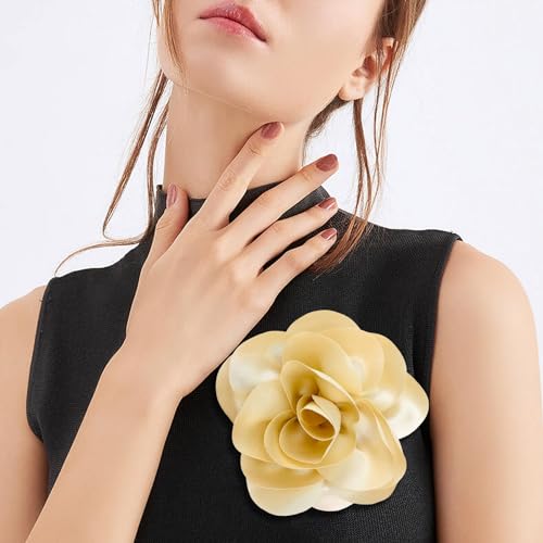 Image of Dainty Satin Fabric Flower Brooches for Women Large Rose Floral Brooch for Party Dance Wedding Banquet Elegant Camellia Fashion Brooch Pin for Women Girl 5.5inch