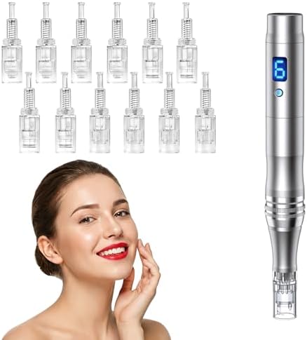 Koi Beauty Microneedle Derma Roller Pen for Women Men Skin Home Travel Use with 12 pcs replacement, 0.25mm Microneedling Kit for Skin