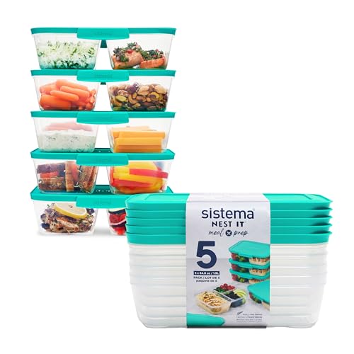 Sistema NEST IT contenitori per preparazione dei pasti | 1,9 L | Contenitori ermetici per la conservazione di alimenti, con scomparti e coperchi | Senza BPA | Verde | 5 pezzi