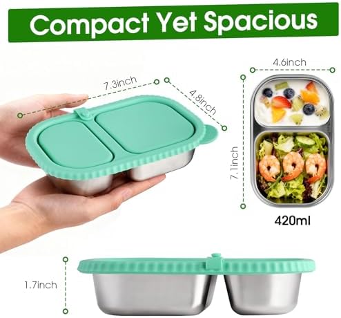 3 pack Stainless Steel Snack Container with Lid – 2 Compartment Reusable Leakproof Snack Box for Kids and Adults, Dishwasher & Freezer Safe, Ideal for Travel, School, Meal Prep - Thumbnail 4