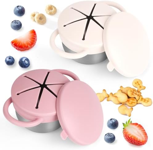Daximo 2 Pack Snack Cups for Toddlers Spill Proof - Detachable Stainless Steel Toddler Snack Cups with Silicone Lids & Handles - Dishwasher Safe Snack Container (Matte Pink and Matte Off White)