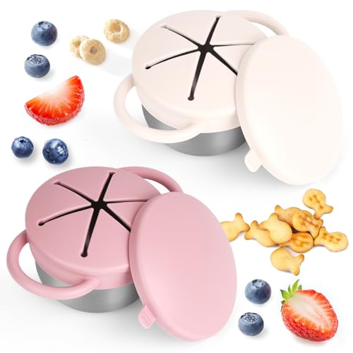 Daximo 2 Pack Snack Cups for Toddlers Spill Proof - Detachable Stainless Steel Toddler Snack Cups with Silicone Lids & Handles - Dishwasher Safe Baby Snack Containers (Matte Pink and Matte Off White)