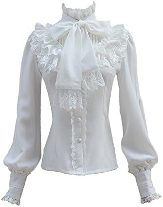 Smiling Angel Chiffon Ruffle Lace Bow Tie Vintage Gothic Lolita Casual Shirt Blouse,White/Black/Wine Red/Blue, X-Large