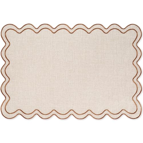 Whaline Beige Linen Placemats Embroidered Scalloped Kitchen Place Mats for Birthday Baby Shower Party Home Dining Table Decor, Set of 6, 13 x 19 in