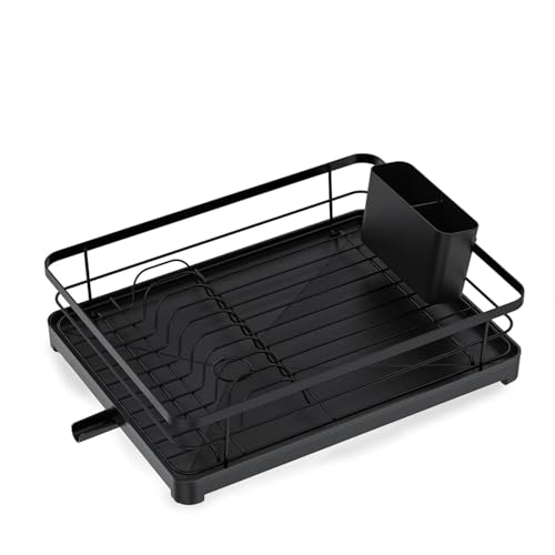 Image of Dish Drying Rack for Kitchen Countertop | Stainless Steel Bartan Drying Stand with Drain Tray & Utensil Holder | Black Metal Dish Organizer, 64x47x23