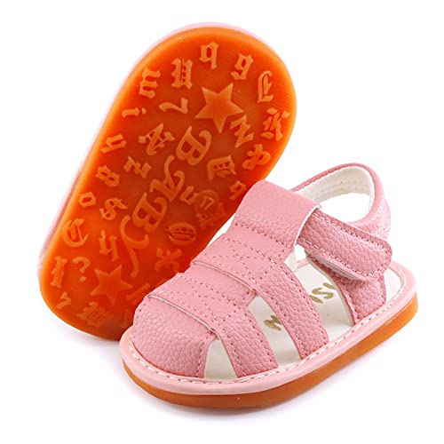 SOFMUO Baby Boys Girls Squeaky Sandals Non-Slip Soft Rubber Sole Closed Toe Infant Summer Outdoor Shoes Toddler First Walkers(A/Pink,19)