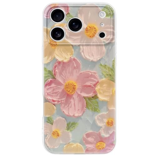 Mouzor Cute Case for iPhone 17 Pro Max, Colorful Retro Oil Painting Printed Flowers Cases, Girly Aesthetic Floral Pattern Soft TPU Shockproof Protective Cover for Girls Women