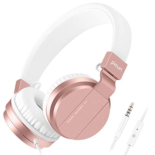 Picun Headphones for Women Girls Over Ear Wired Headphone with Microphone Foldable Stereo Headset for Cell Phone Tablet Laptop TV Computer Work Travel Music Rose Gold