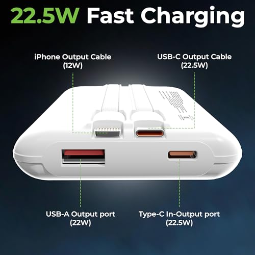 Image of UltraProlink Power Bank 10000mah Fast Charging|16.8mm Slim|22.5W QC-PD-PPS Fast Charging Battery Bank|with USB-C & iPhone Cable|Digital Display|Power Bank for Tablets & Smartphones|White |UM1127