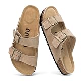 XIXITIAO Sandales en daim pour femme avec double boucle réglable, lit de pied en liège, mules plates avec soutien de la voûte plantaire et semelle en liège, chaussures d'été antidérapantes et légères