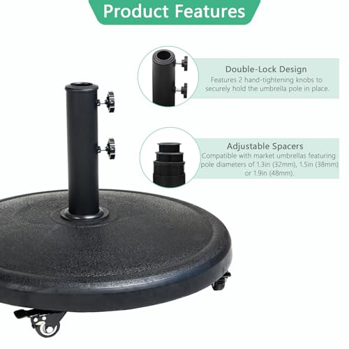 Helios&Hestia 44 lb Heavy Duty Umbrella Base with Rolling Wheels, Round Resin Stand Weight for Patio Outdoor Market Table Umbrella, Black by Helios&Hestia - Used condition - Image 2