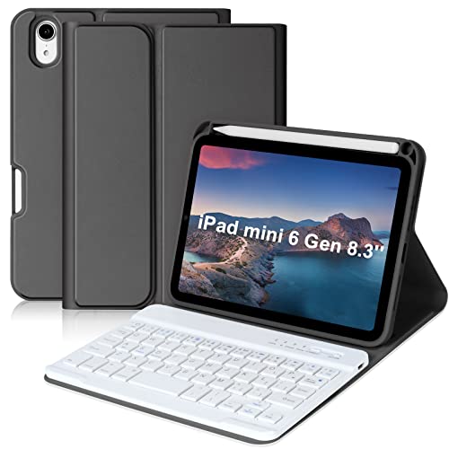 Funda con teclado para iPad Mini 6ª generación 2021 de 8,3 pulgadas con funda de piel sintética, teclado QWERTZ inalámbrico Bluetooth con soporte para bolígrafo y encendido automático (negro) Cover