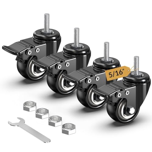 HOLKIE Caster Wheels 2 inch Total Locking Stem Casters, 5/16" -18 x 1" (Stem Diameter 5/16", Stem Length 1") Threaded Stem Casters Swivel Casters Set of 4 Heavy Duty Castors Black