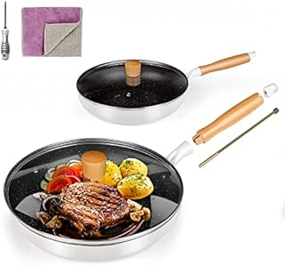 Myiosus Frying Pan with Lid, 24cm & 28cm Nonstick Frying Pans Set, Aluminium Fry Pan with Non-Stick Coating & Wooden Handle for Induction, Electric and Gas Hobs