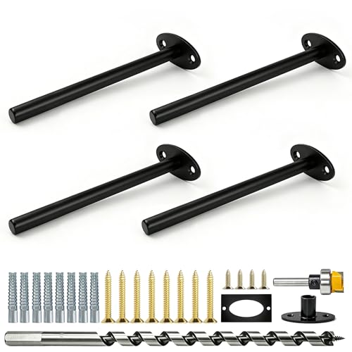 4Pcs Floating Shelf Bracket Hidden, 8'' Heavy Duty Floating Shelf Hardware Invisible Black Floating Shelves Brackets, Decorative Wall Mount Shelf Brackets for Floating Shelves(8''-4pcs with Tools)
