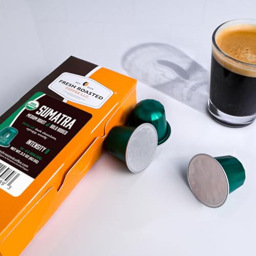 Image of Fresh Roasted Coffee, Organic Sumatra Espresso Capsules for Nespresso OriginalLine, Medium, USDA Organic, Kosher, 10 Recyclable Aluminum Capsules
