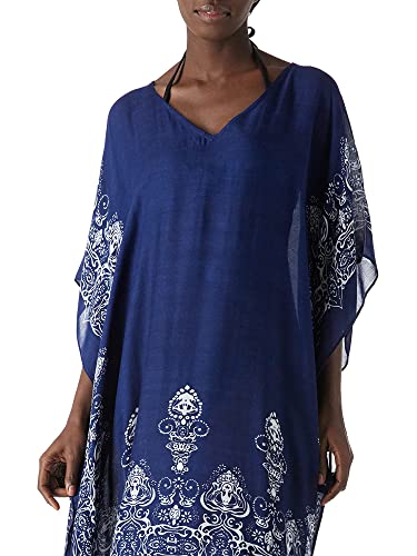 Moss Rose Women's Swimsuit Cover up Beach Kaftan for Bathing Suit with Floral Pattern, C Adeline Navy 1, One Size