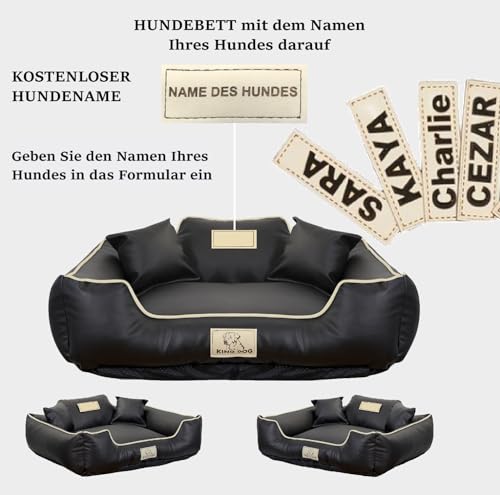 KING DOG Hundebett Mittelgroße Hunde Waschbar M 75x65 cm aus Öko-Leder Hundekissen Haustierbett Hundekorb Personalisiert - Name des Hundes Wasserdichtes Material Silikon Füllung Schwarz