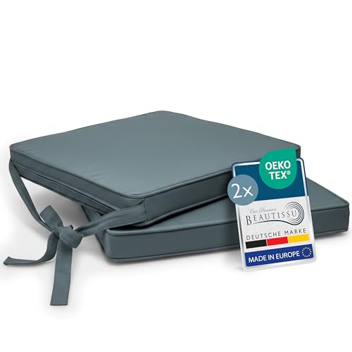 Beautissu Loft SK cojín de Silla 45x40 cm Azul Gris - Juego de 2 Cojines de Silla con Correas Cojín de Asiento para sillas, Antideslizante con Correas de fijación Almohadilla de tapicería