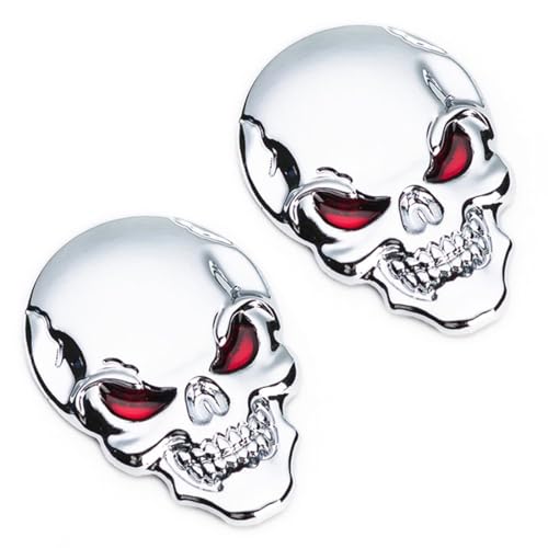 HSIXHAF 2 Pcs Autocollant Métal Skull 3D en Alliage Zinc pour Voiture et Moto, Emblème Badge Accessoires, Argent, Yeux Rouges