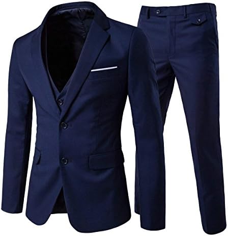 Men's 3-Piece Suit 2 Buttons Slim Fit Solid Color Jacket Smart Wedding Formal Suit, Navy, Medium