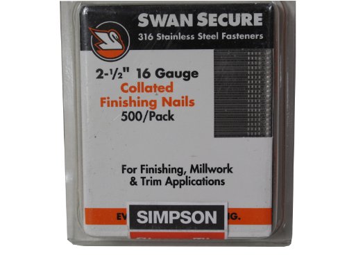Simpson Strong-Tie T16N250FNB Straight, Adhesive Collation, T-Style Head, 16-Gauge Finishing Nail — 2-1/2 in. Type 316 (500-Qty)