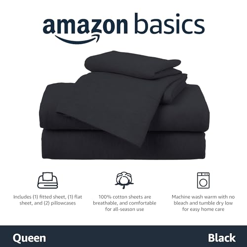 Image of Amazon Basics 4 Piece Breathable Cotton Jersey Bed Sheet Set, Stretchy Flat and Fitted Sheets with Pillowcase, Queen, Black, Solid