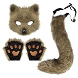 Hyuetrsa 3 Pcs Faux Fur Fox Tail Cat Wolf Cosplay Costume Set Furry Orc Mask and Fox Tail Gloves Set Fox Cosplay Set Halloween Christmas Party Girls Women, Mask, a Pair of Gloves and a Tail Set