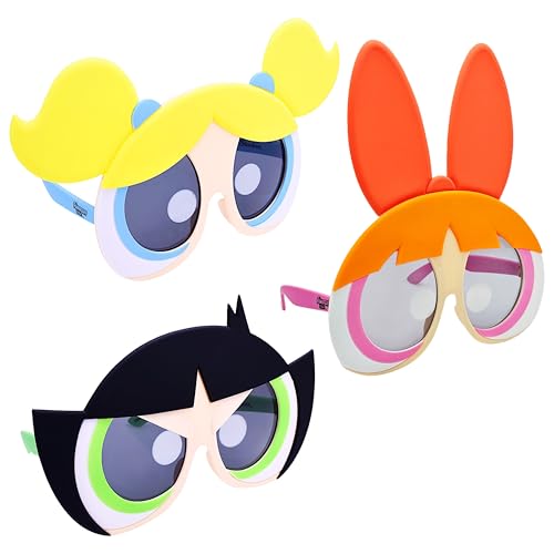 Sun-Staches Official Power Puff Girls Sunglasses 3 Pack | Bubbles Blossom and Buttercup Costume Accessory | UV400 | One Size Fits Most