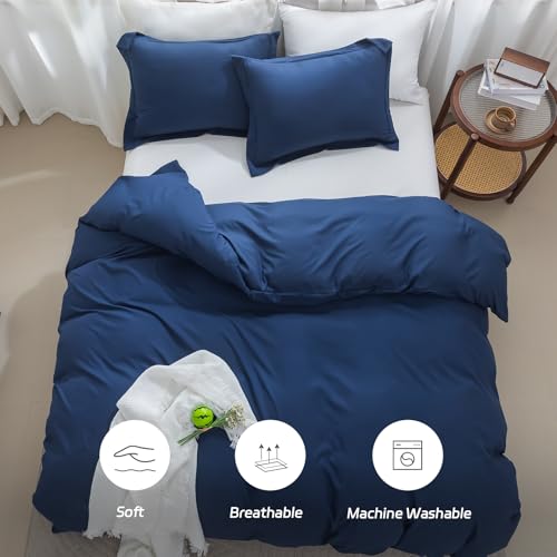 Image of SheRest Navy Duvet Cover Full Size - Soft Brushed Microfiber, 3 Pieces, 1 Duvet Cover 80x90 Inches with Zipper Closure 8 Ties & 2 Pillow Shams, Breathable Bedding Set for All Season (No Comforter)
