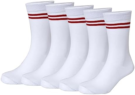 White Color with Red Stripes Design Calf Length School Cotton Socks for Boys & Girls (Pack of 5 Pairs)