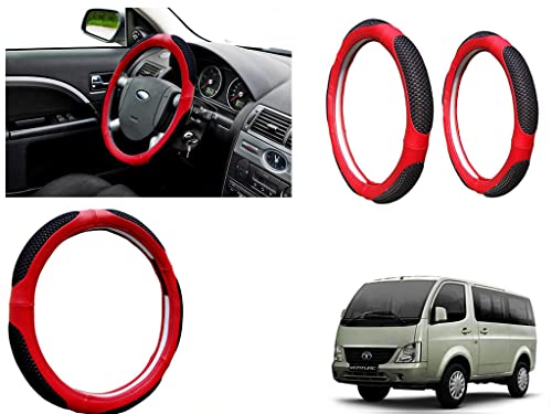 Image of Microfiber Car Steering Wheel Cover, Soft Padding Great Hand Feel, Anti-Slip, Faux Leather Steering Cover for Tata Venture | Black Red Jali - Pack of 1