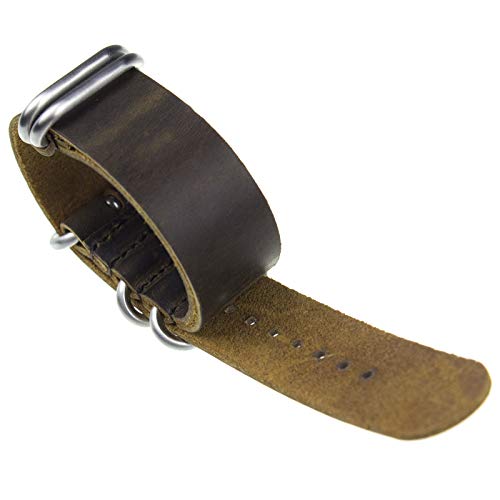 Infantry 20Mm 5 Silver Rings Genuine Leather Watch Band, Slip-Thru Zulu Watch Strap, Replacement Brown Watchbands W/Stainless Steel Buckle #TOP3
