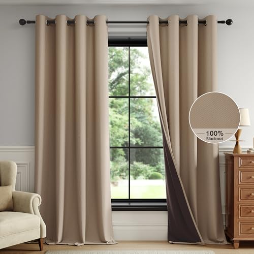 FMFUNCTEX 100% Brown Blackout Curtains for Bedroom, Solid Weave Textured Geometric Weave Curtains 90 Inches Long Thermal Insulated Curtains Living Room, Black Out Drapery Grommet 2 Panels