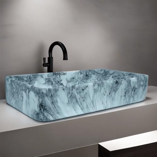 Image of Marble Ceramic Tabletop Wash basin | Countertop Vessel Sink | Wash Basin over counter For Bathroom Hotel Home | Bathroom Sink (24 x 14 x 5 Inch) (Marble Blue)