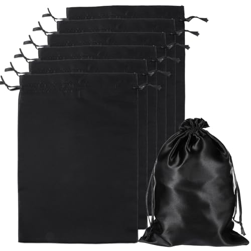 LXUEJIE 6Pcs Wig Bags with Satin Drawstring Black Silk Hair Storage Bags for Multiple Wigs Bundles Extensions(Black)