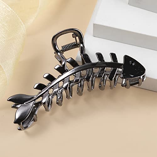 1Pcs Gold Metal Hair Claw Clip Fish Bone Shape Hair Clip Nonslip Hair Clamps Design Big Jaw Clips Vintage Hair Pins Fashion Hair Accessories For Women (C-Gun Black) #TOP4