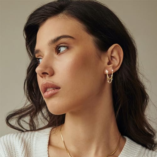 925 Sterling Silver Four Zircons Flower Stud Earrings For Women | Double Studs Chain Tassel Piercing Earring | Gold Plated Double Piercing Dangle Chain Earrings Jewelry Gifts for Women Girls3