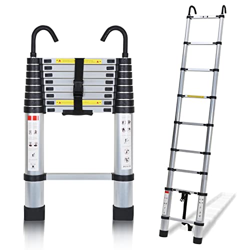 Cecaylie Escalera telescópica de aluminio de 2,6 m, con 2 ganchos extraíbles, escalera de diseño telescópico, capacidad de carga de 150 kg/330 libras, escalera de pie antideslizante, color plateado Cover