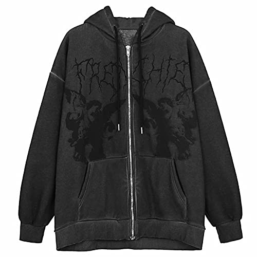 Fabumily Women Zip Up Hoodie Casual Long Sleeve Y2K Vintage Graphic Aesthetic Sweatshirts Top E-Girl 90s Streetwear Jacket(C- Black, Large)