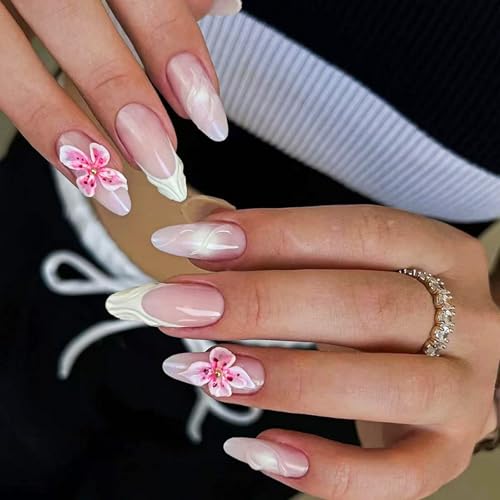 Image of Flower Press on Nails White French Tip Fake Nails Spring Nail Press ons 3D Floral Glue on Nails Medium Almond False Nails Glossy Artificial Acrylic Full Cover Stick on Nails for Women Manicure 24Pcs