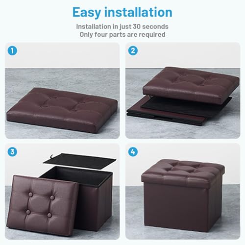 Image of Bsketa Storage Ottoman Bench,16 Inch Folding Leather Foot Rest Stool, Brown | Small Ottoman with Side Pockets, Thicker Foam Padded Seat, Livingroom, Dorm, Bedroom, Easy to install, 38L,16x12x12in