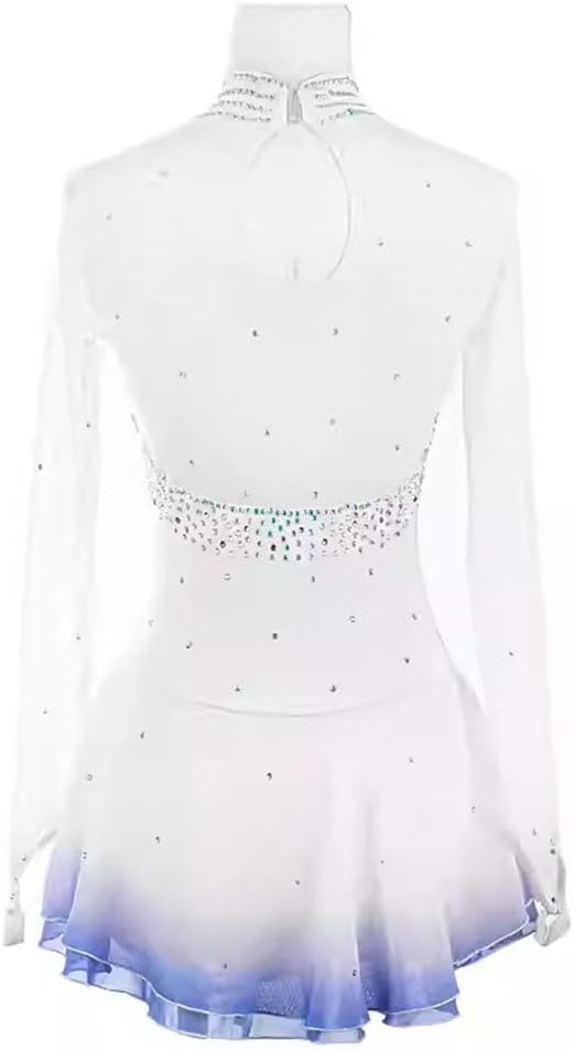 Winter Sports Figure Skating Dress Women Long Sleeves Rhinestones Gymnastics Leotard White Ballerina Outfits