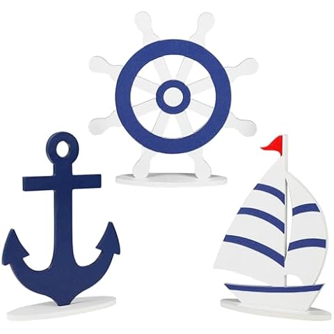 COCHIE Wooden Nautical Decor Set of 3, Double-Sided Anchor Sailboat Tiered Tray Decorations, Summer Wood Cruise Ship Wheel Sign for Tabletop, Home, Desk, Shelf, Party Decoration Cover