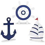 COCHIE Wooden Anchor Nautical Decorations Set of 3, Double-Sided Summer Nautical Tiered Tray Decor, Wood Cruise Anchors Sign for Tabletop, Home, Office, Desk, Shelf, Party Decoration (Sailboat)