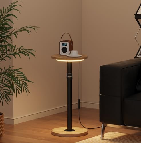 Image of Redd Royal Small Round Side Table Oak Wood with Led Light for Sofa Bed, 25cm Narrow End Table Tall Coffee Table Bedside Table Hight Adjustable 47 to 82cm for Living Room Bedroom