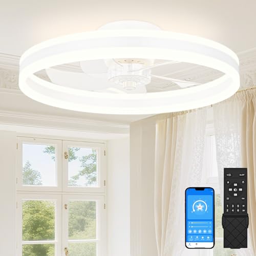 SUNKENET Ceiling Fans with Lights and Remote, 50cm Ceiling Fan Light, 3000K-6500K Dimmable Smart LED Fan Light, 6 Wind Speeds & Reversible, White Modern Queit Fan Light Ceiling for Bedroom