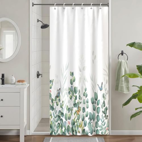 Duschvorhang 90x180cm, Uiiooazy Duschvorhang Schmal Anti Schimmel Grüne Blätter Eukalyptus Schmetterling Klein Duschvorhänge Wasserdicht Polyester Stoff Waschbar Bad Vorhang mit 6 Haken für Badezimmer